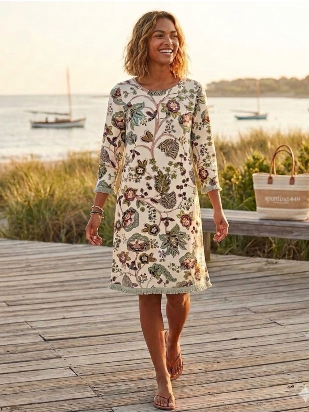 Spartina 449 Cream Botanical Floral Fringe Cotton Shift Dress S Coastal Chic